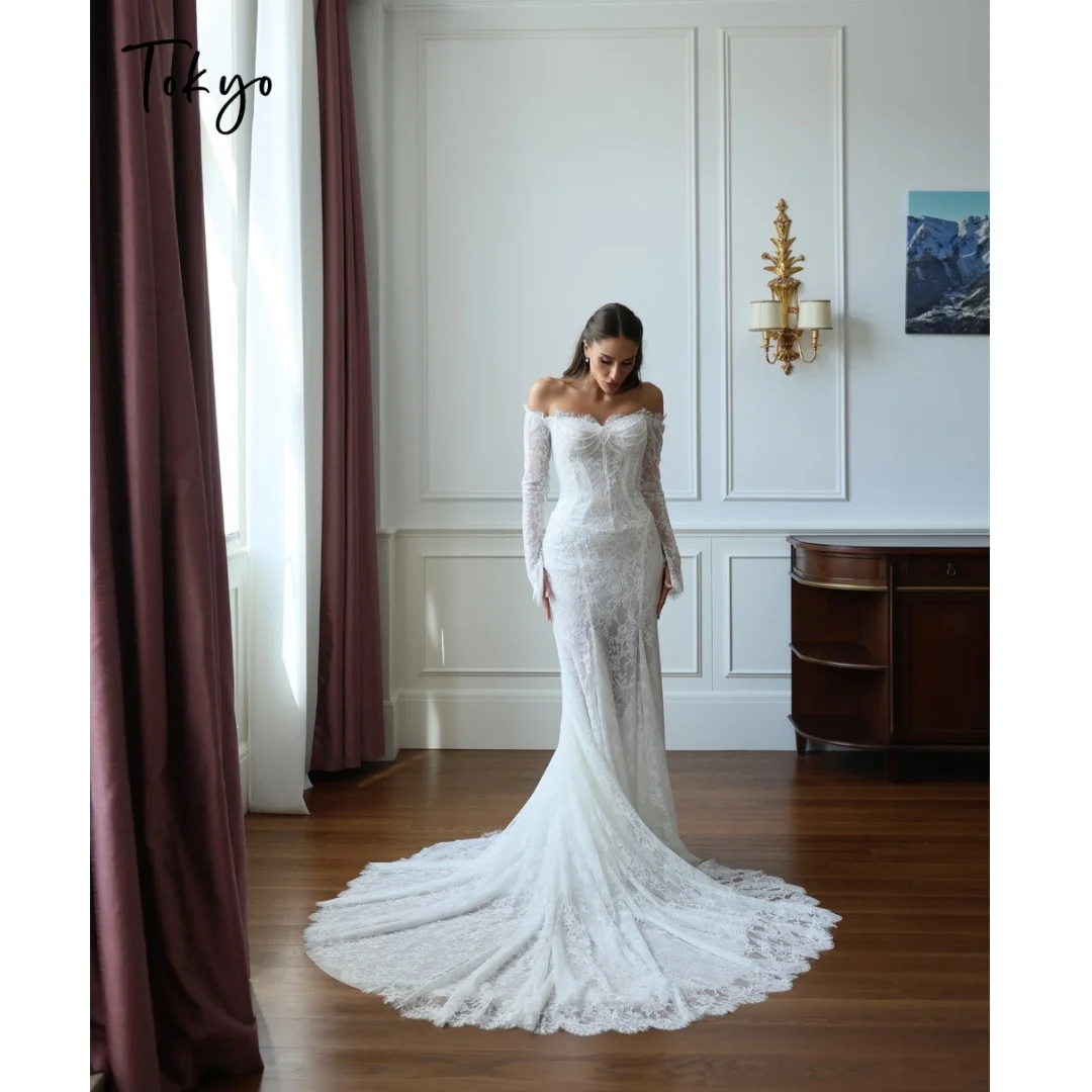 Tokyo Custom Off Shoulder Long Sleeve Lace Mermaid Wedding Dress Delicate Sweep Train Bridal Gown Formal Wedding Evening Outfit