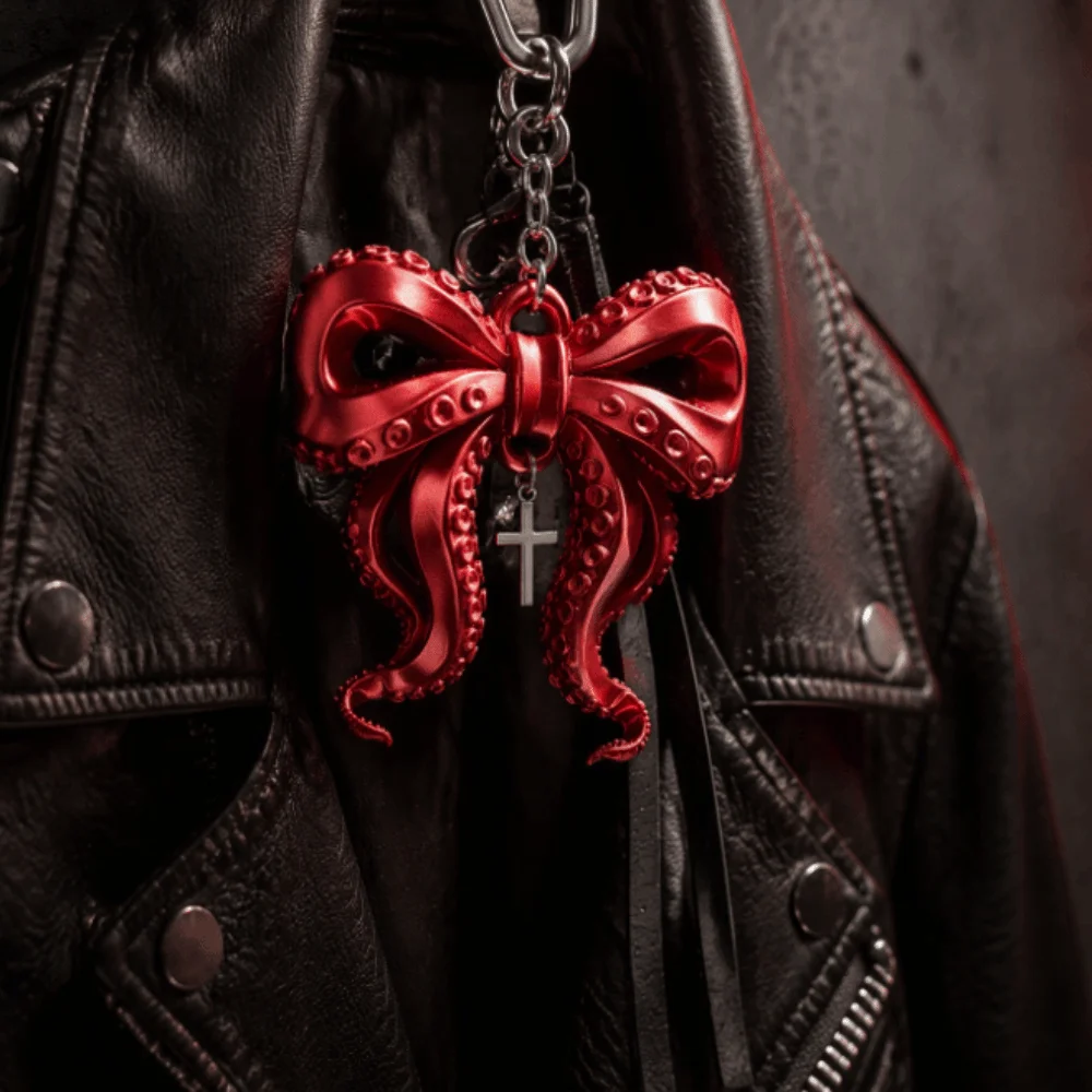 3D Printed Octopus Tentacle Bow Keychain Fashion Creative Octopus Bow Pendant Unique Cross Cthulhu Style Keyring Backpack Decor