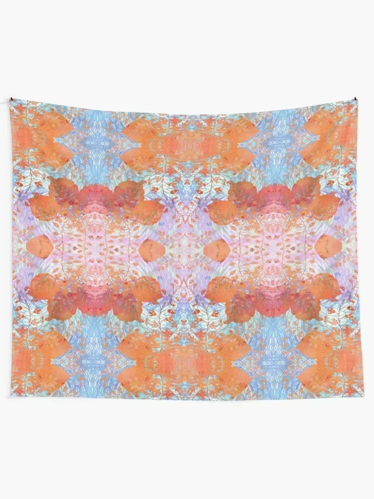 Chinoiserie Chic Delicate Floral Stencil Design - Tangerine Orange & Sky Blue Tapestry Funny Tapestry