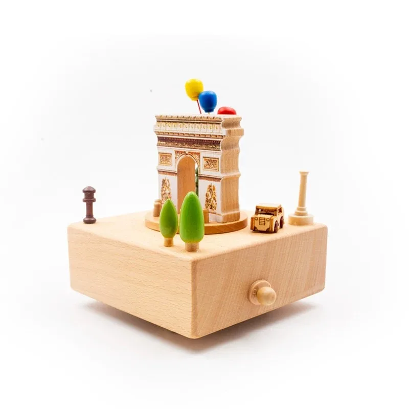 Triumphal Arch Rotating Music Box Handmade City Music Festival Gift Wooden Crafts Home Desktop Creative Girl Boy Birthday Gift