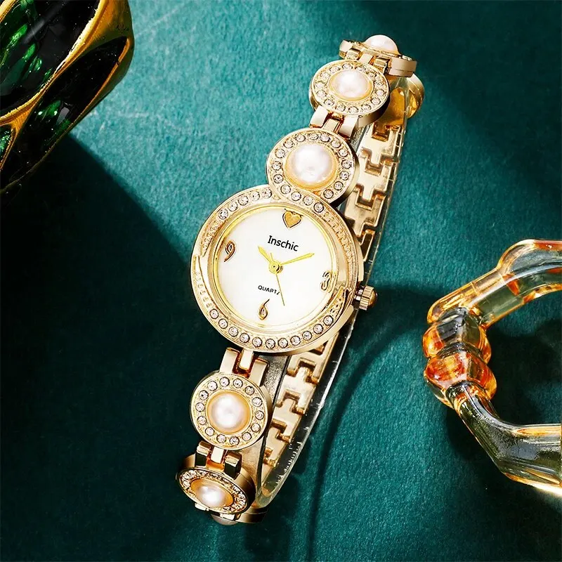 Diamond Women Watches Pearl Watch Ladies Wrist Watches Luxury Brand Rhinestone Womens Quartz Watches Steel Jewelry Set