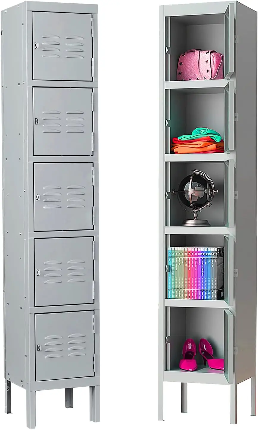 Metal Locker for Employees, 5 Tier Storage Shelves Cabinet, Steel Lockers with 5 Lockable Doors, for School, Home, Office,