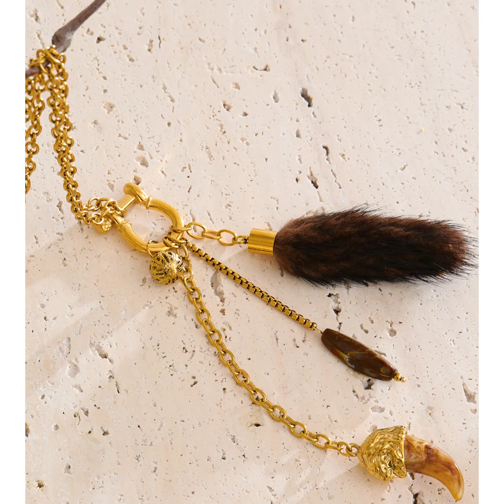 Yhhpup Long Sweater Chain Necklace Exclusive Design Stainless Steel Resin Acrylic Artificial Fur Pendant Autumn & Winter Jewelry