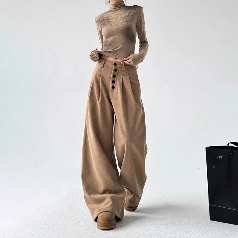 Retro Design Casual Pants for Women, New Style with Hanging Buckle, Loose and Wide Legs, Floor Length Pants