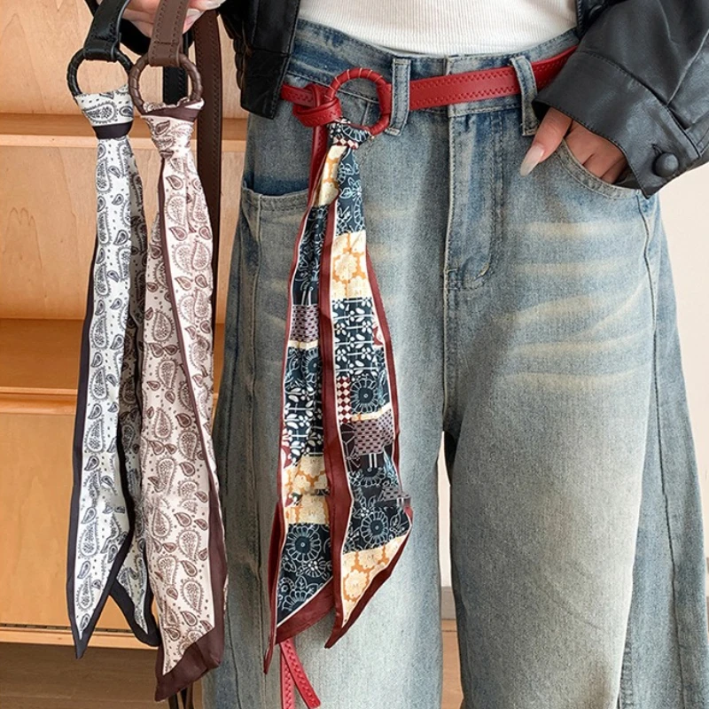 

Fashion Hot New Products Bohemian Style Retro Exaggerated Temperament PU Leather Printed Silk Scarf Tassel Waist Chain