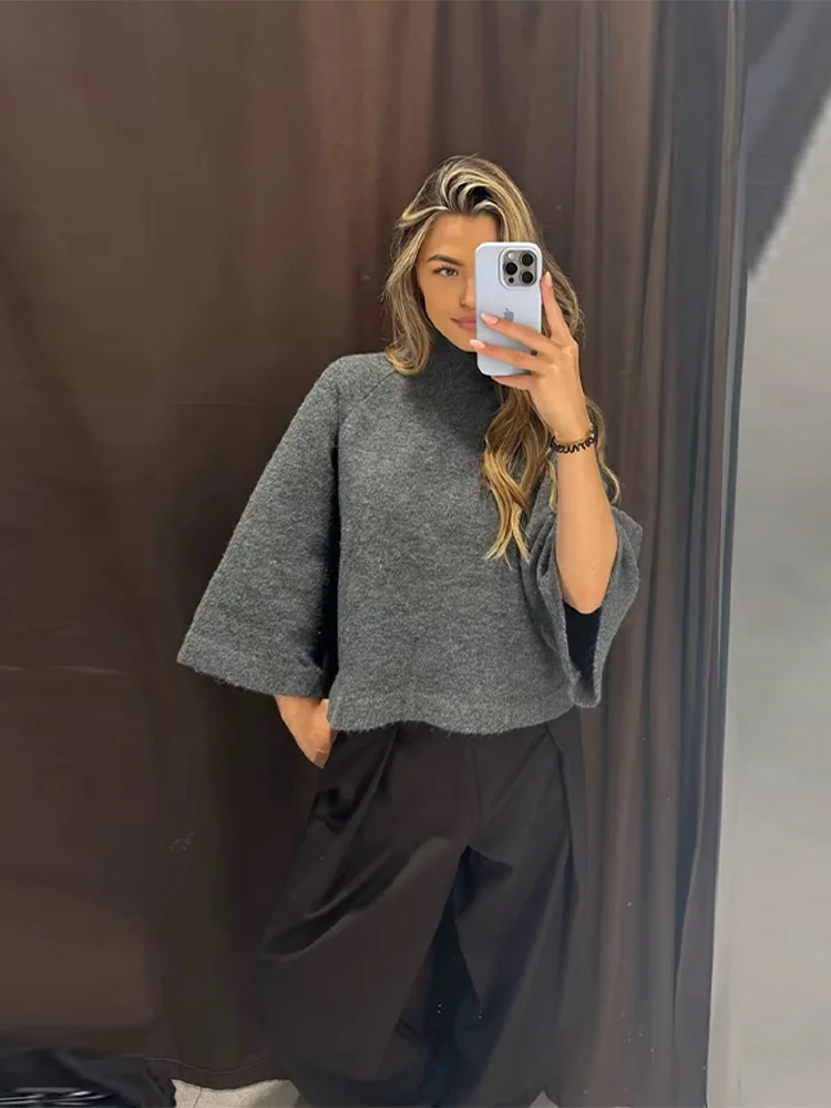 Solider Strickpullover für Damen, modischer Langarm-Stehkragenpullover, lässiger lockerer Damenpullover, Frühlings-Streetwear 2026