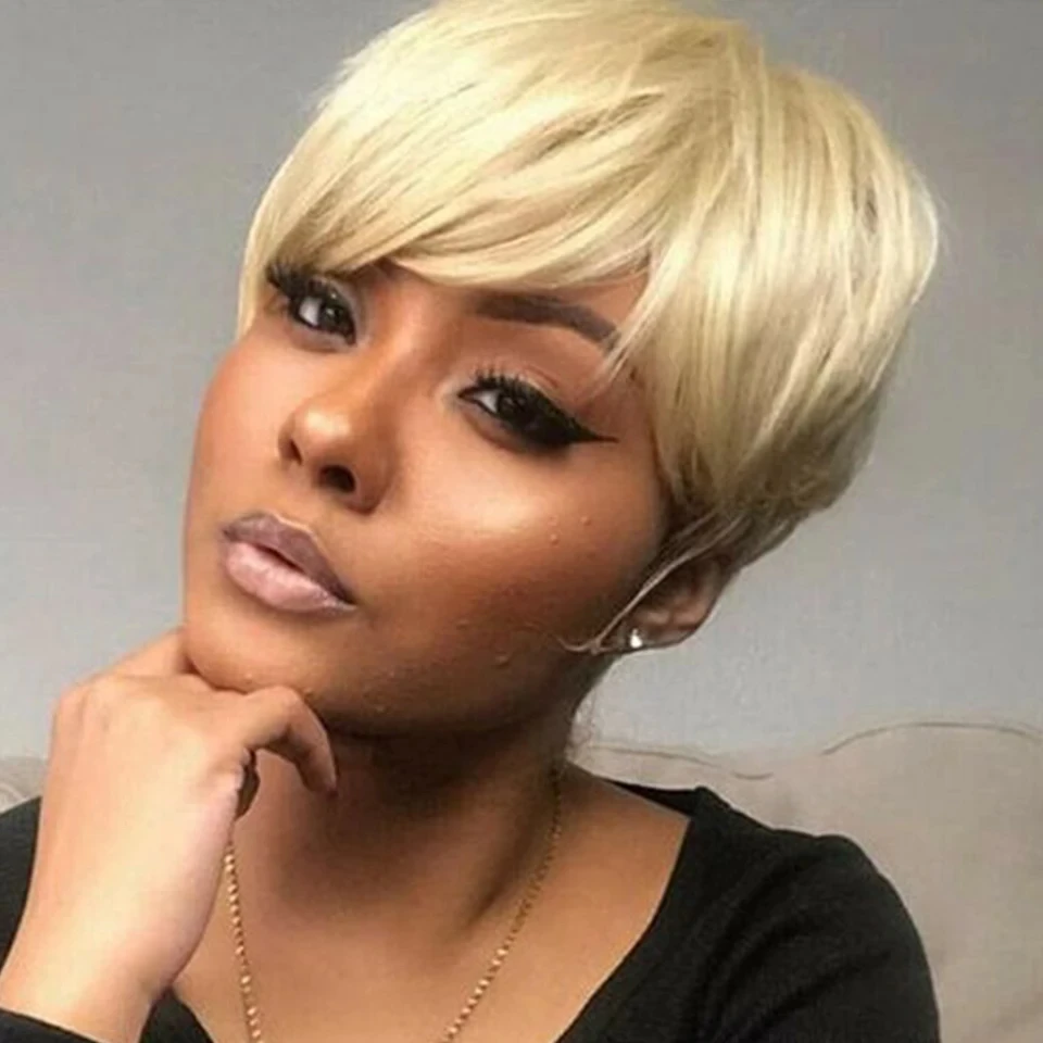 

Short Blonde Human Hair Wig with Bangs Short Pixie Cut Wig Human Hair Chic Wavy Layered Duby Wigs Boy Cut Machine Made 613 Wig