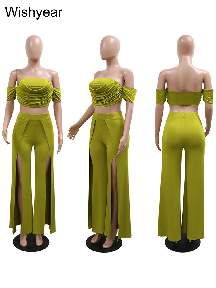 New Sexy Strapless Crop Tops and High Split Wide Leg Pants Green Two 2 Pieces Women Birthday Outfit Matching Set Night Clubwear