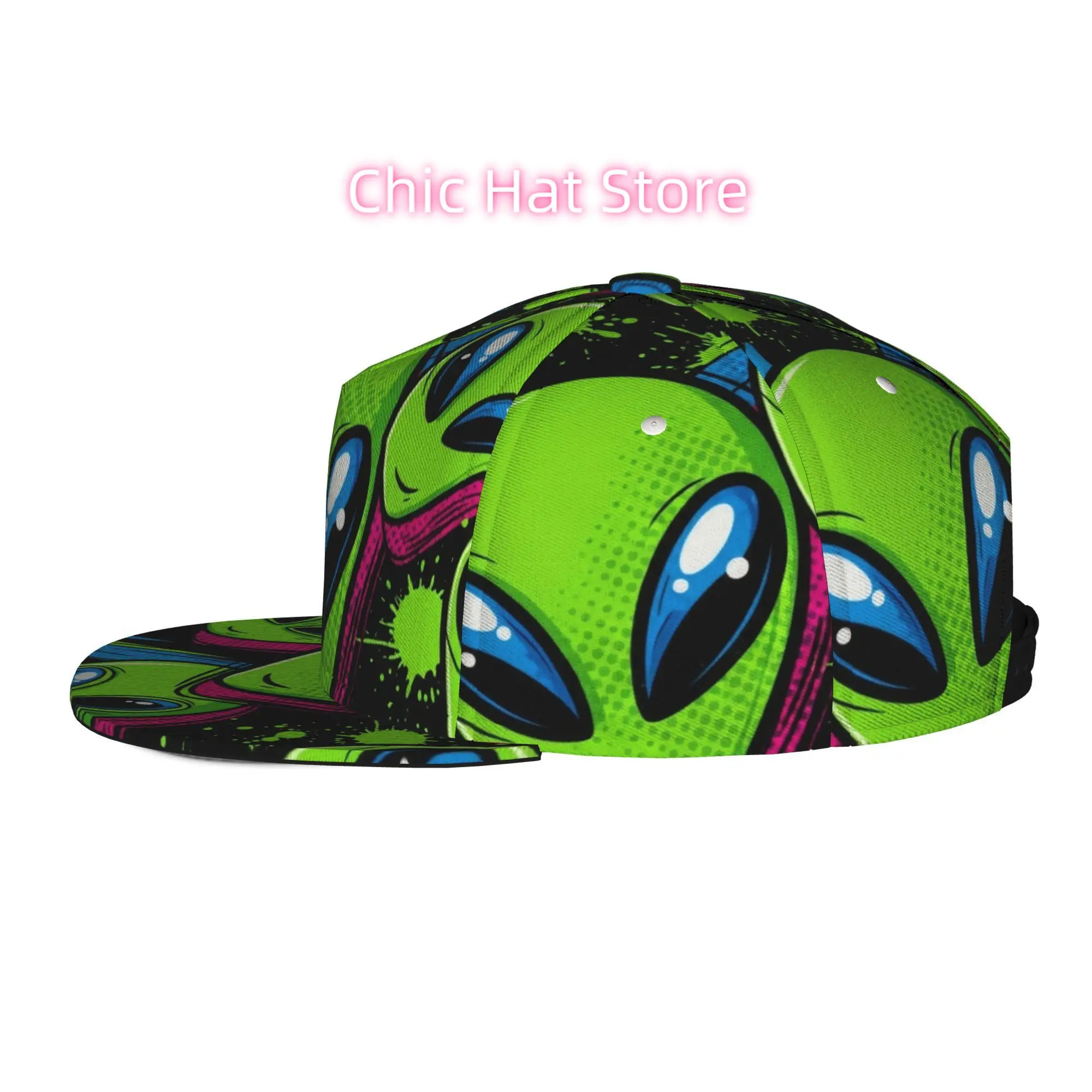 Caps for Both Men And Women Featuring Futuristic Alien Designs in Bright Colors. They Have an Adjustable Snap Brim And a Flat To