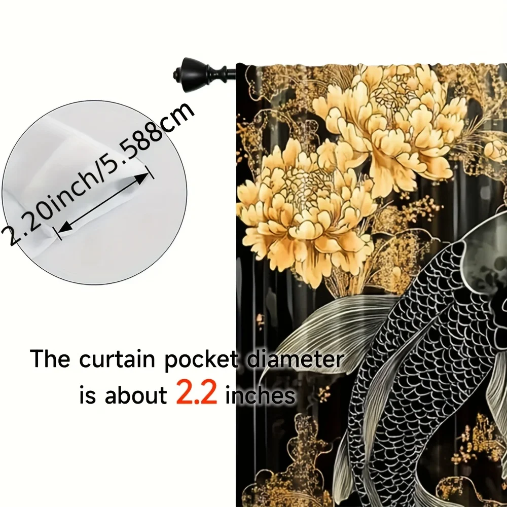 2pcs Black Gold Koi Fish Curtains Japanese Floral Print Blackout Drape Living Room Bedroom Window Treatment Home Decor