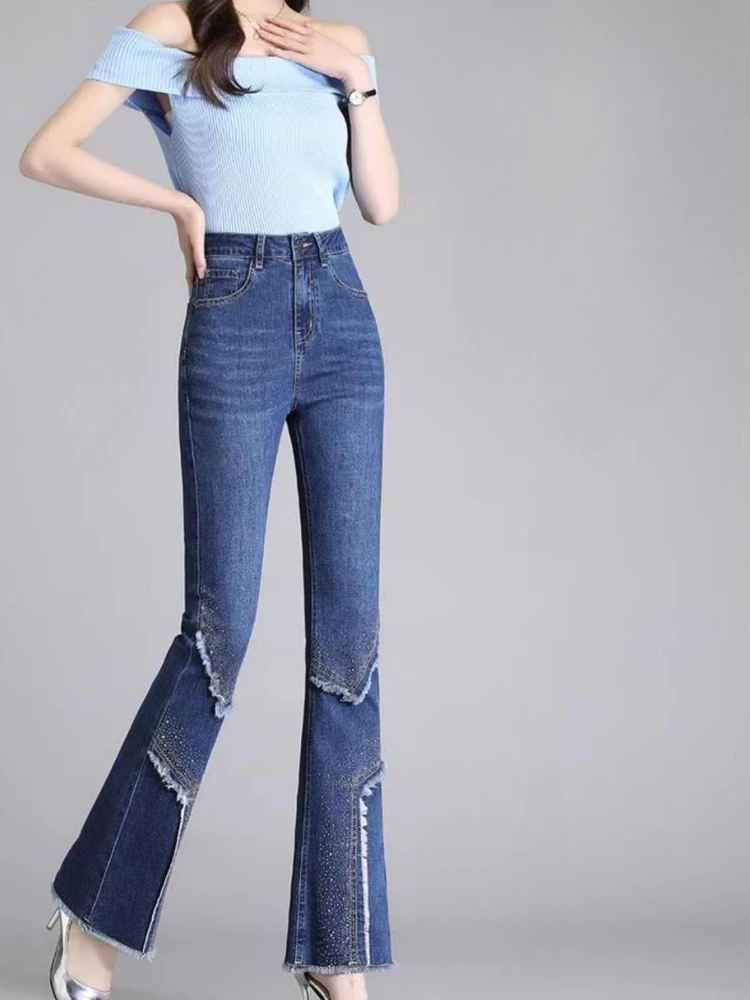 Spring Autumn 2026 Women's High Waist Flare Jeans Slim Fit Stretch Denim Trousers With Hem Design