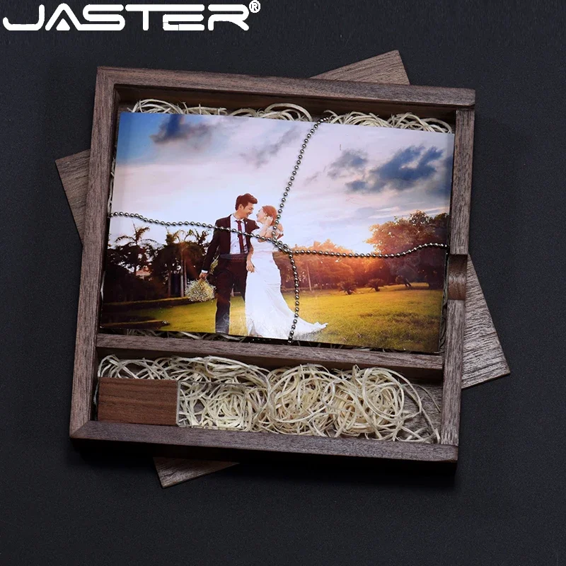 

JASTER Crystal USB Flash Drives 128GB Walnut Wood Box Pen Drive 64GB 32GB 16GB Free Custom Logo USB Stick 8GB 4GB Wedding Gift