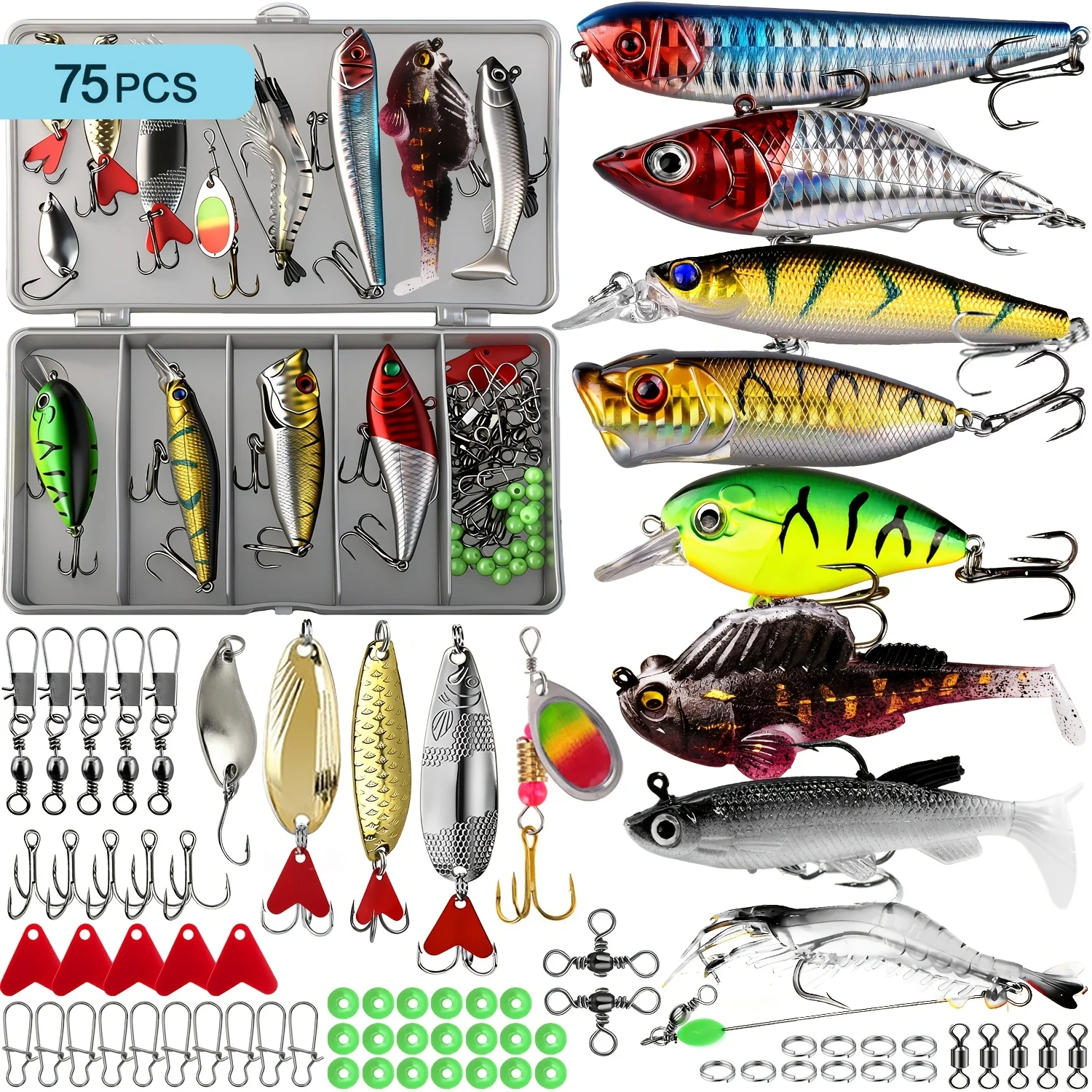 75-255Pcs Bass Fishing Lures Set, Hard Minnow Popper Jointed Swimbait Frog Baits, Fishing Tackle Box Gift for Men
