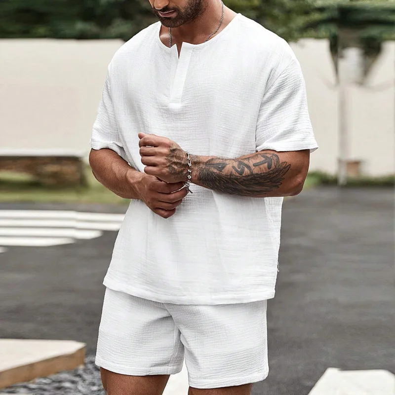

New Summer Male Casual Two Pieces Suits Vintage Polo Neck Short Sleeve Tops And Shorts Men's Sets Fashion Plaid Textured Outfits