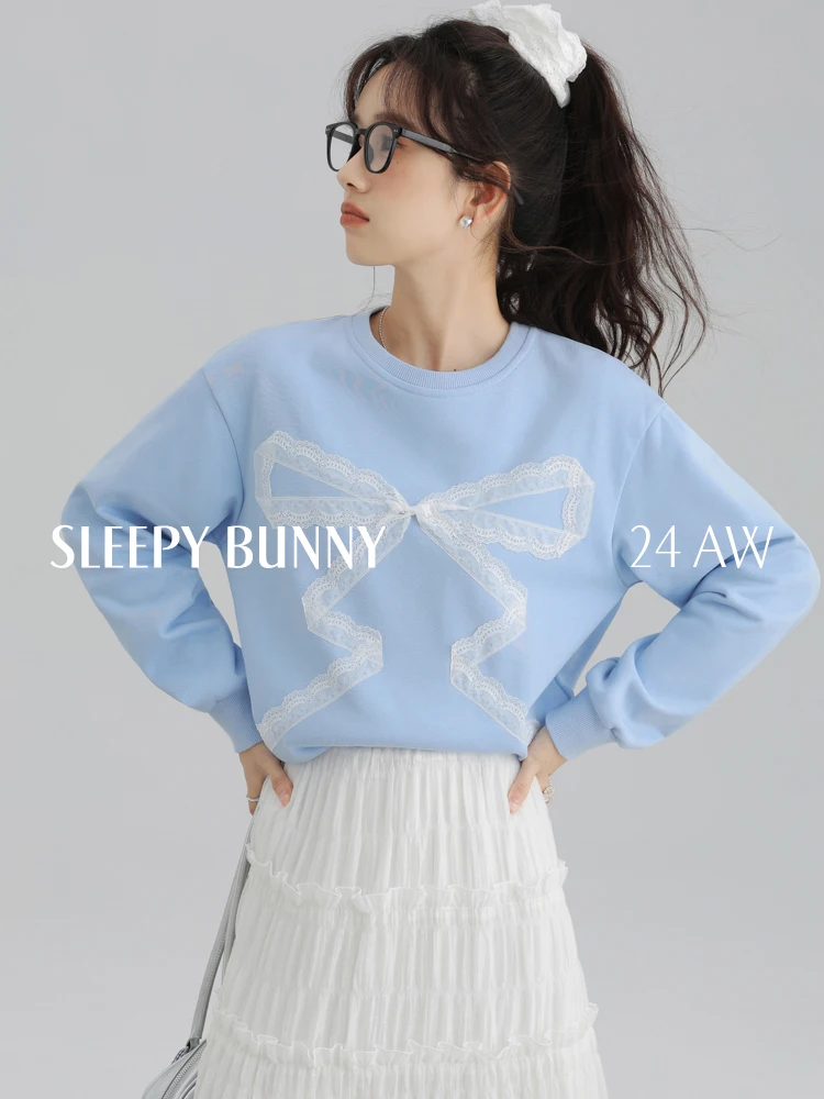 Felpa girocollo dolce allentata casual con fiocco in pizzo Pullover autunnale manica lunga oversize stile pigro Top unico e carino da donna