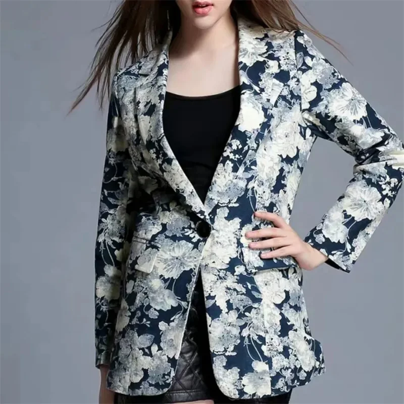 2024 Spring Autumn New Suit Jacket Women National Color Long Sleeve Linen Women's Plus Size Loose Coat Printing Outwear Female