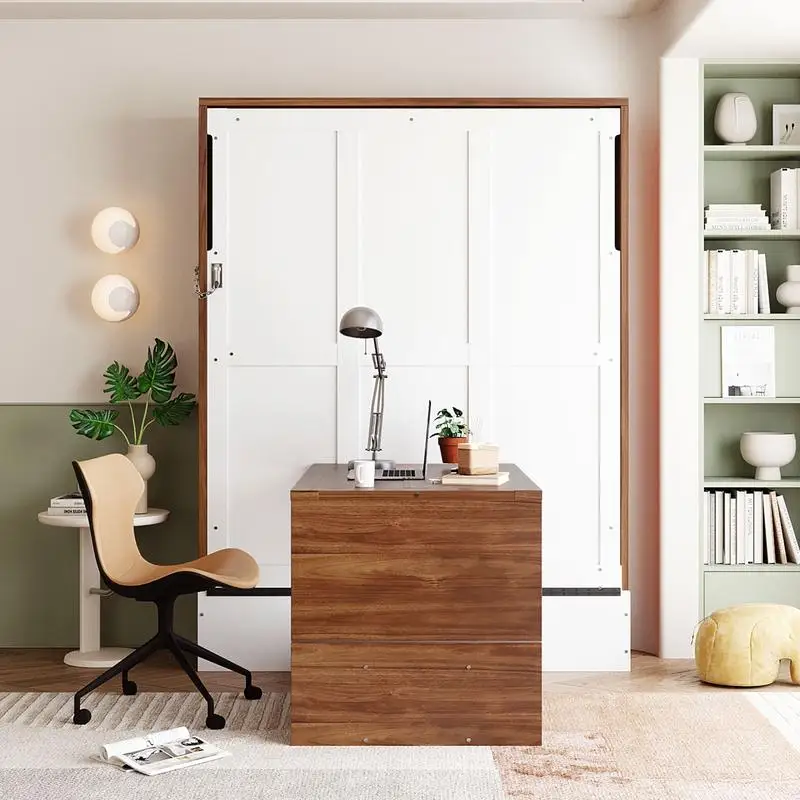 سرير ميرفي كامل الحجم مع مكتب قابل للطي - سرير حائط موفر للمساحة باللون الجوز والأبيض