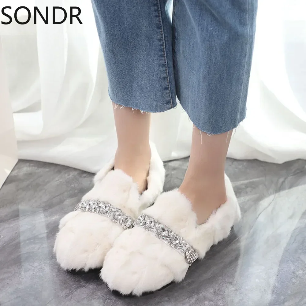 Womens Real Mink Fur Loafers Rhinestones Crystal Furry Rainbow Colors Flats Shoes Round Toe Flats 8Colors  New 2024