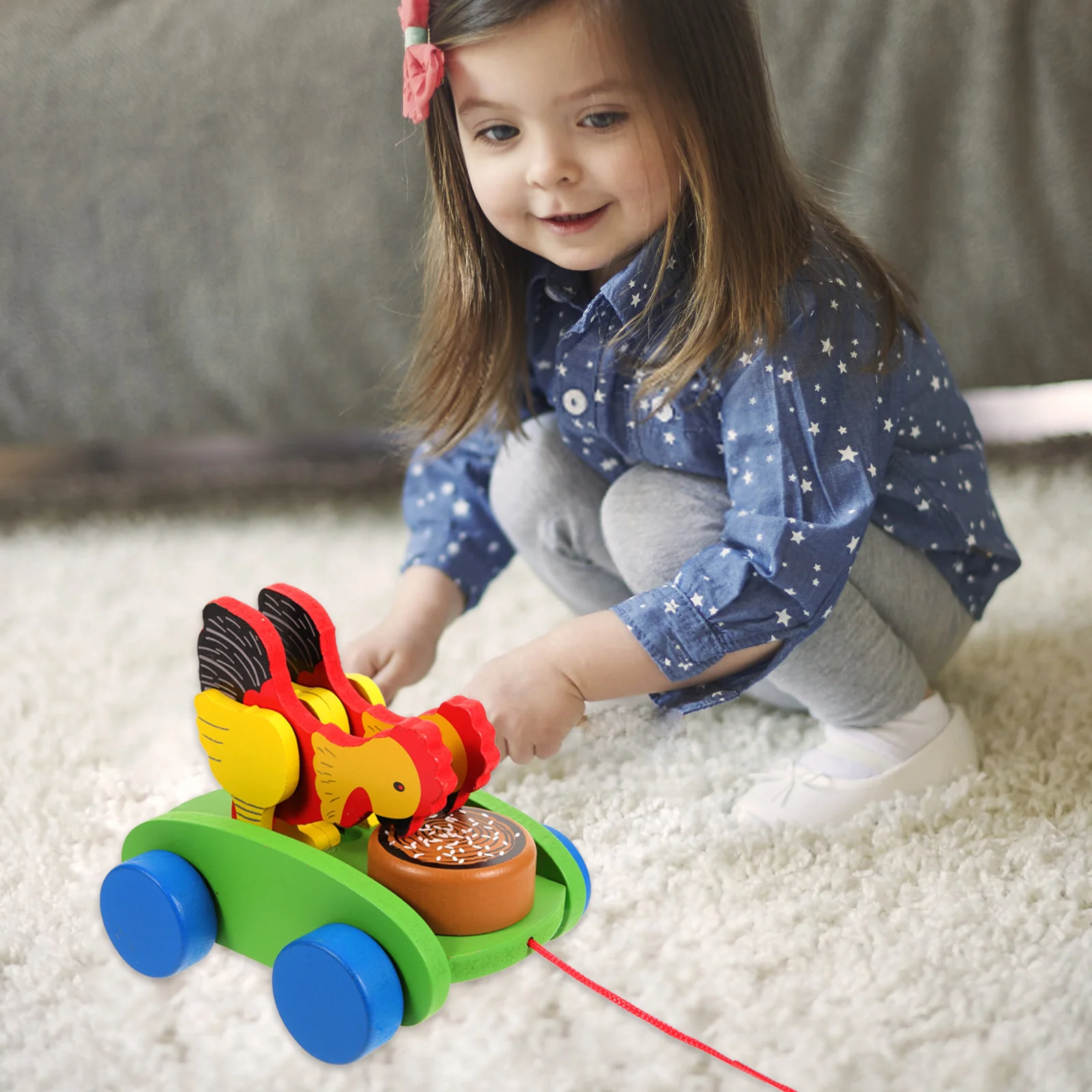1 Stuks Baby Educatief Trekkoord Karretje Schattig Kippenhouten Speelgoed Vroeg Leren Voertuig Cognitief Leuk Kinderspeelgoed
