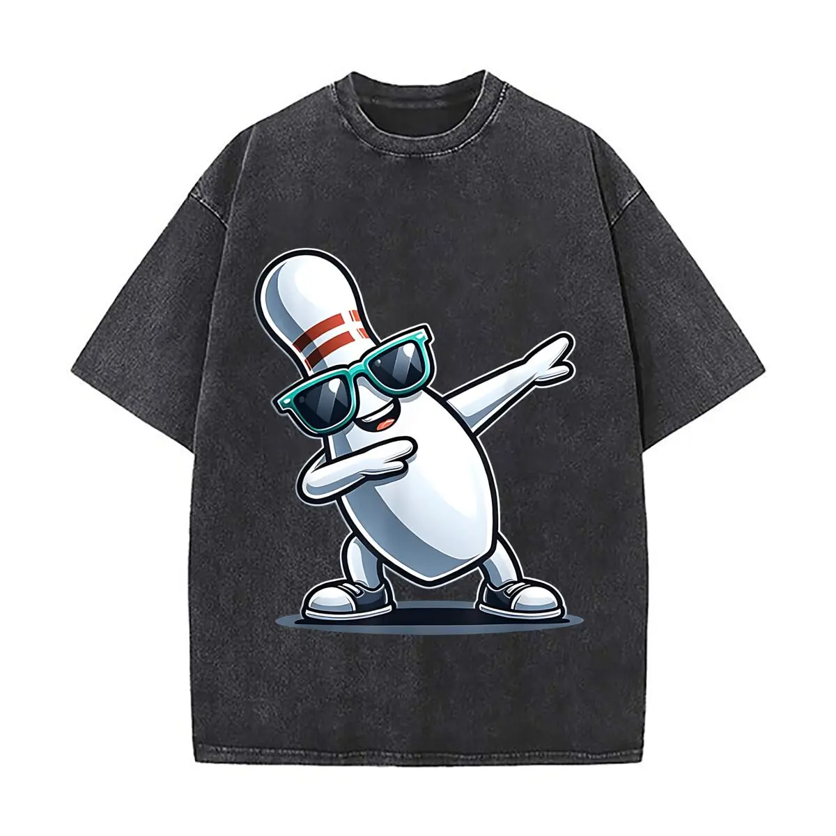 Fun Dabbing Bowling Pin Washed Distressed Loose Streetwear Tops for City Walks