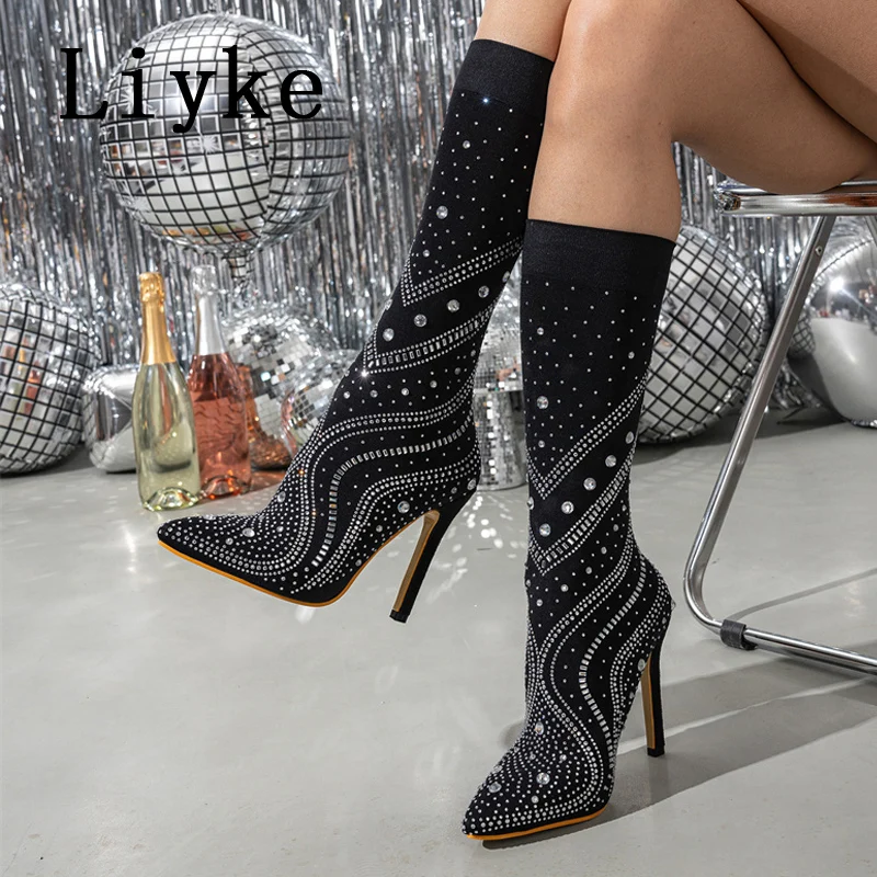 

Liyke Designer Crystal Rhinestone Stretch Fabric Mid Calf Boots Women Autumn Winter Chelsea Shoe Sexy Pointed Toe Stiletto Heels