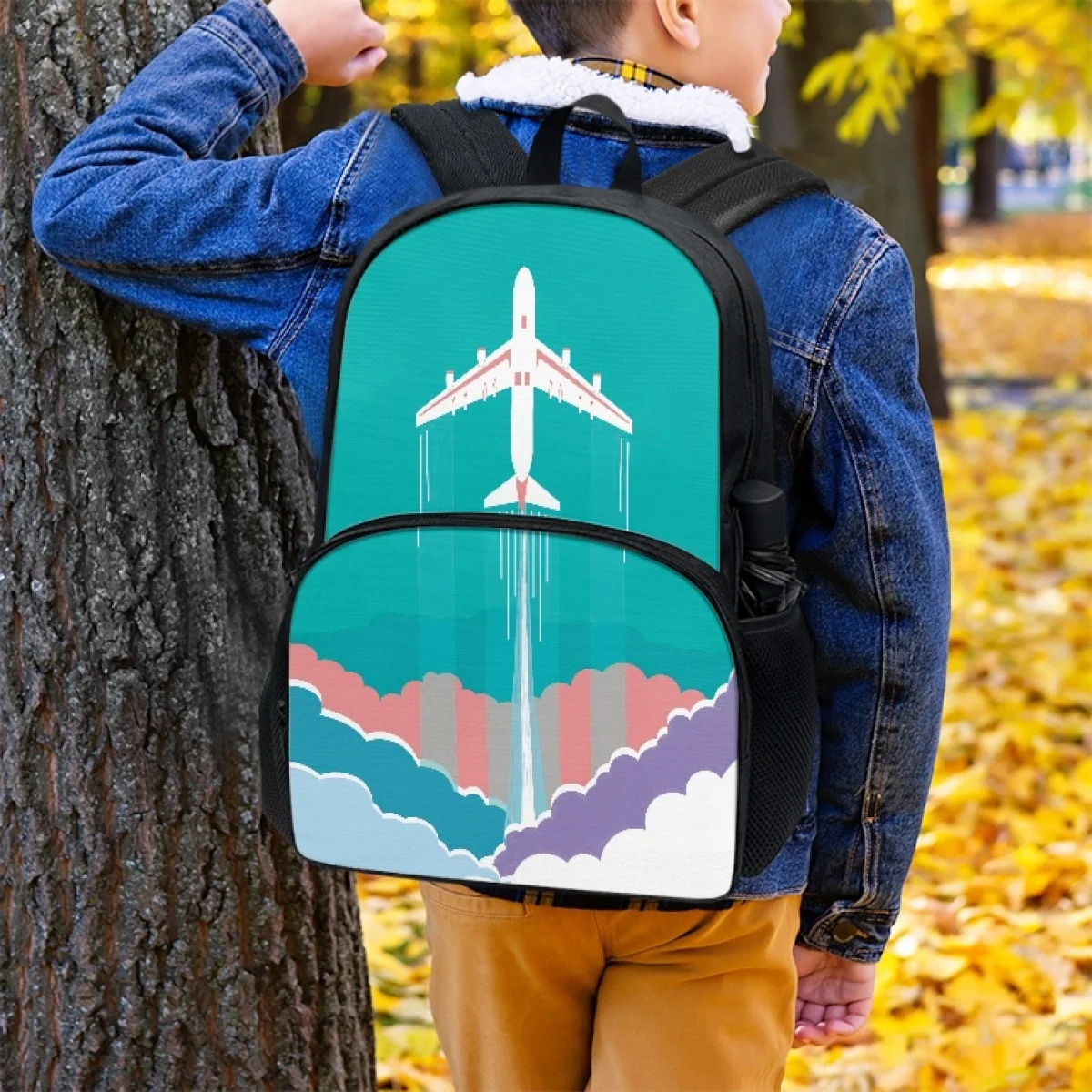 

FORUDESIGNS Cartoon Airplane Pattern Schoolbags Elementary Middle School Students Storage Backpacks Multi-pocket Practical