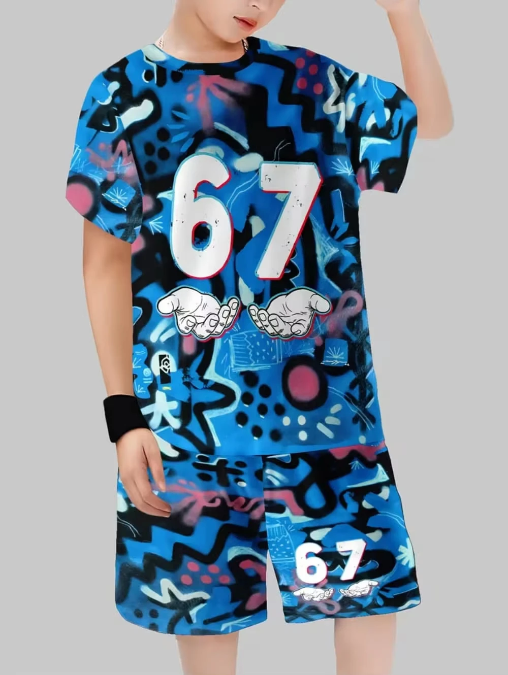 Lustiges Sechs-Sieben Italienisches Brainrot 67 Nummerndruck Kinder Kurzarm-Set Kinderkleidung T-Shirt + Shorts 2-teiliges Set Jungenkleidung