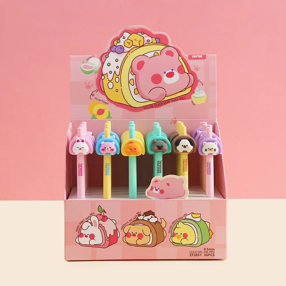 36PCS Macaron Color Zhongfan Small Animal Swiss Roll Shape Quick Drying Smooth Student High Value Soft Silicone Neutral Pen