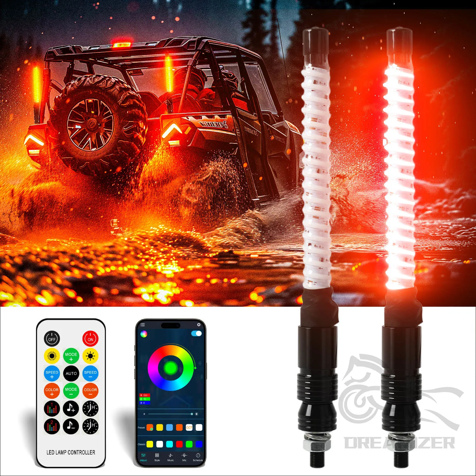 

2 шт. 1 фута COB светодиодные штыревые фонари для UTV, красочные RGB-подсветки для погони/танца, RGB-подсветка, антенные штыревые фонари для грузовика ATV Bu H5C1