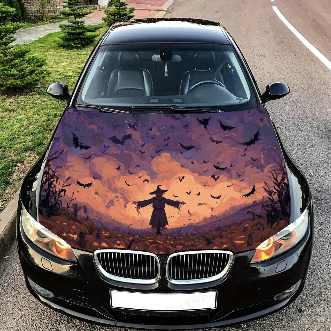 

Spooky Halloween scene featuring a scarecrow and bats Car Hood Decal Sticker, Truck Sticker, Self-Adhesive Long-Lasting Car Acce