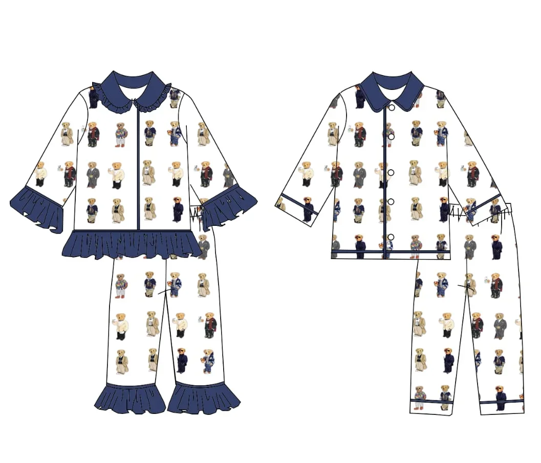 Children's Pajama Set Long Sleeve Lace Cartoon Print Pants Lake Girls & Boys Sleepwear Polyester Fabric Bedtime Clothing