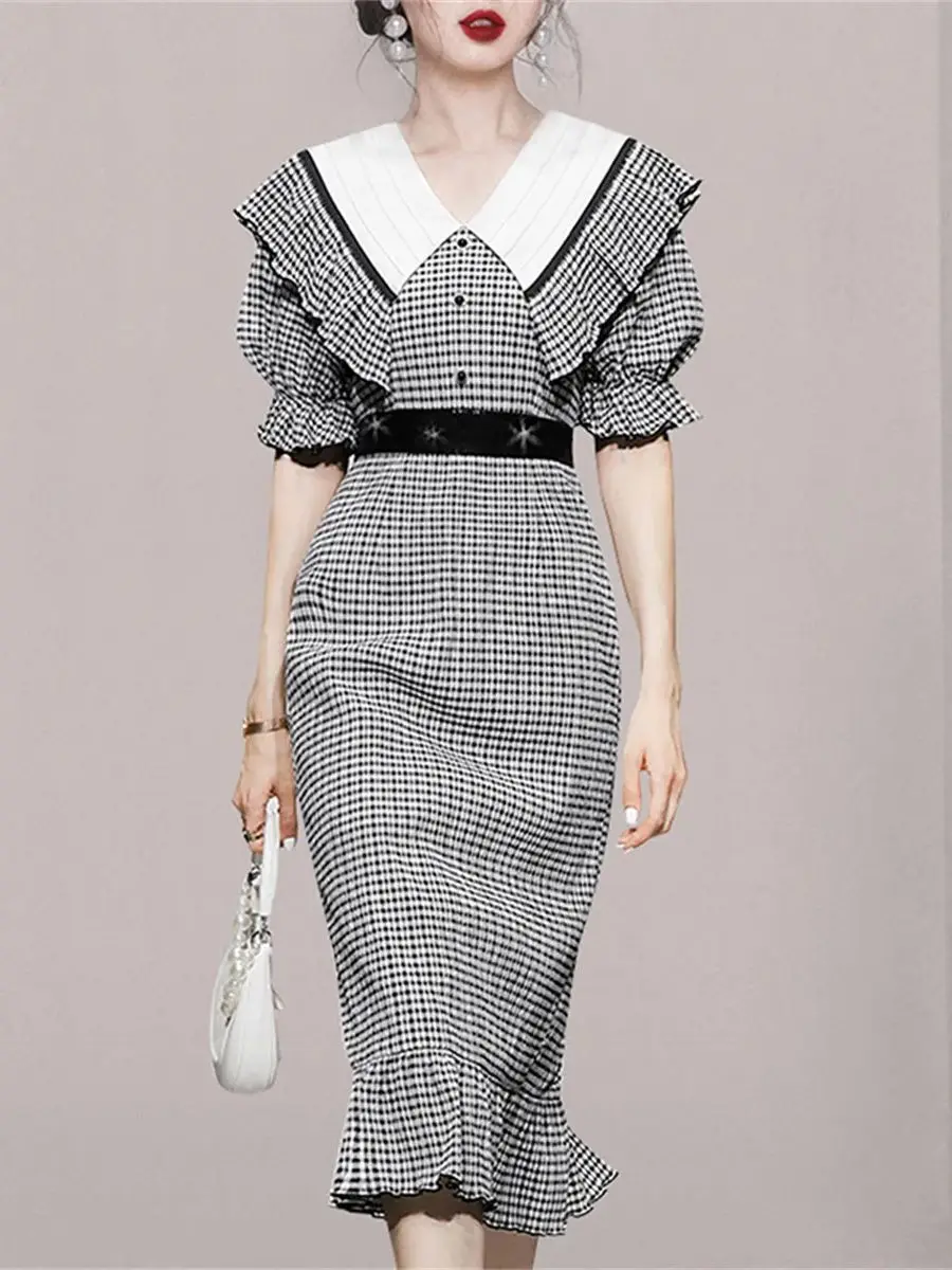 

Summer New Fashion Colorblocking Lapel Mulle Lace Woman Dresses Elegant Sequins Waisted Bubble Sleeve Plaid Mermaid Dress