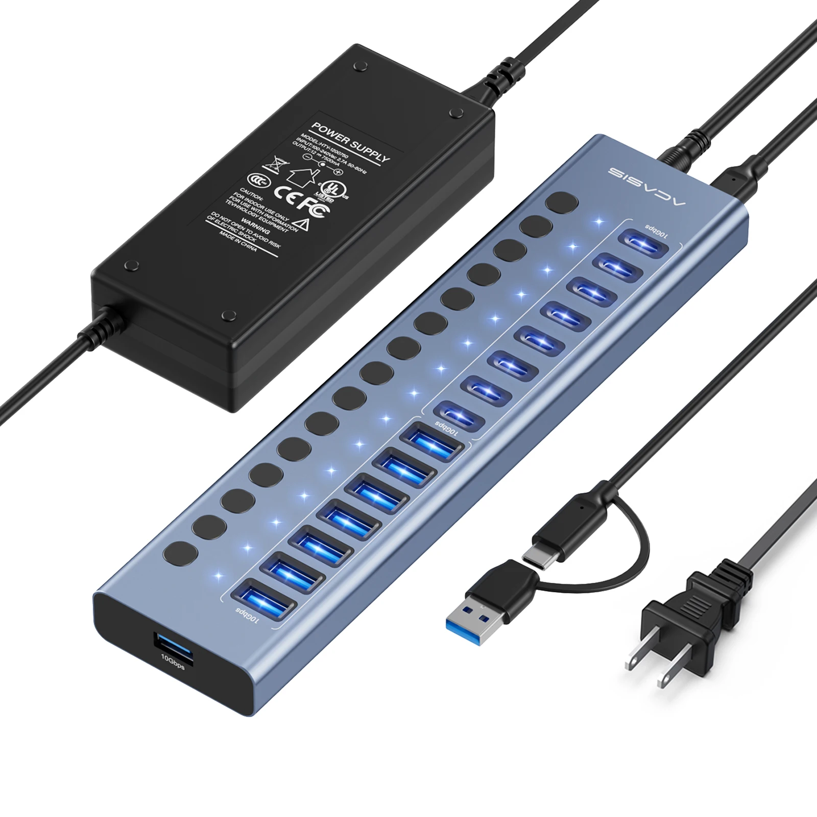 Acasis USB-dockingstation 10Gbps 16/10 poorten USB-C + USB-A hub met individuele schakelaar voor laptop pc Multi-apparaat toetsenbord muis
