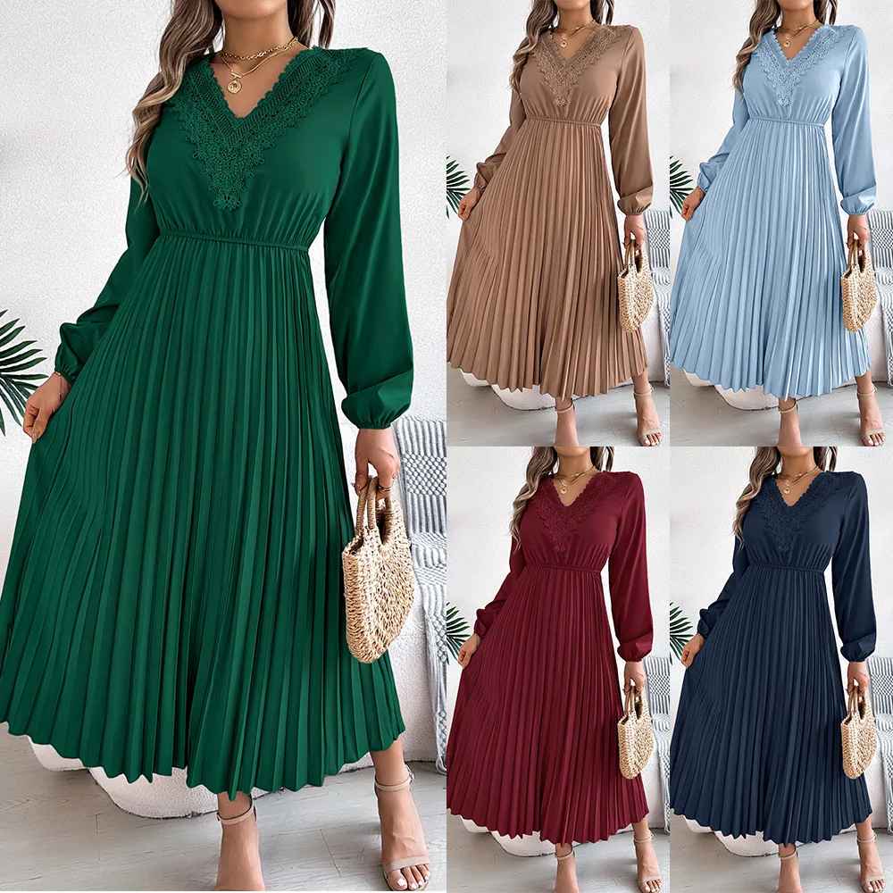 

Pleated Dress Women Ankle Length Dresses V Neck Long Sleeve Vestidos Patchwork Loose Folds Casual Summer 2025 Lace Loose