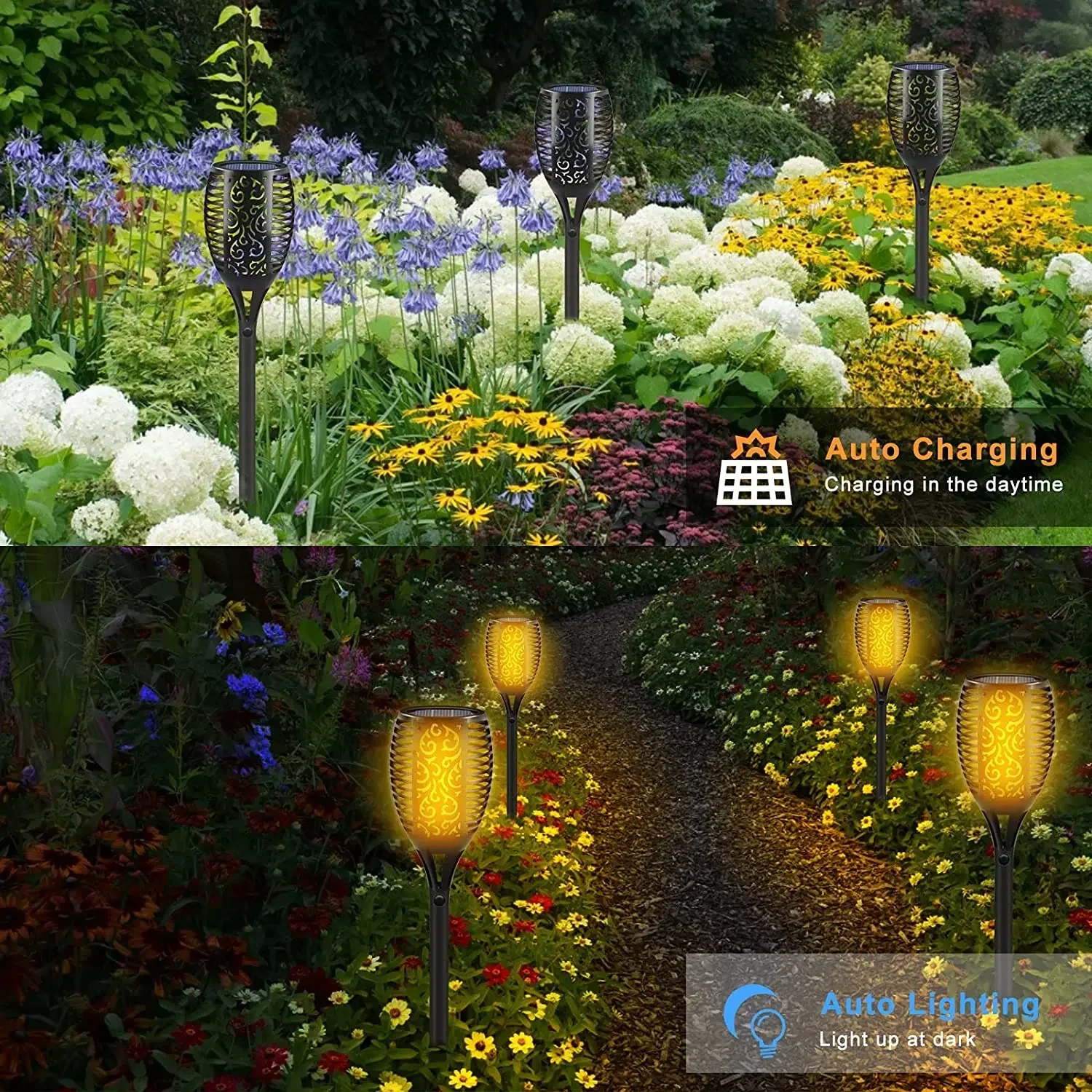 Solar-Gartenfackel mit Flackerlicht, 96 LED Solarleuchten, Wasserdichte Deko-Landschaftsbeleuchtung für Rasen und Wege – Detail 8