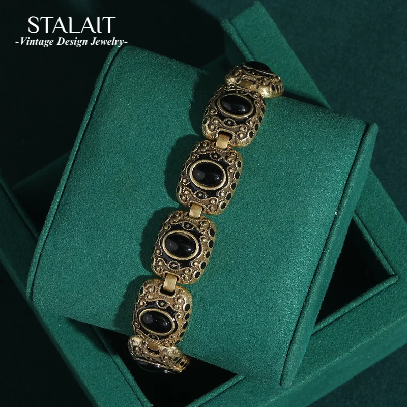 

Luxury Black Agate Bracelets For Woman Vintage Gold Color Natural Stone Charms Bangles Valentine’S Day Designer Accessories