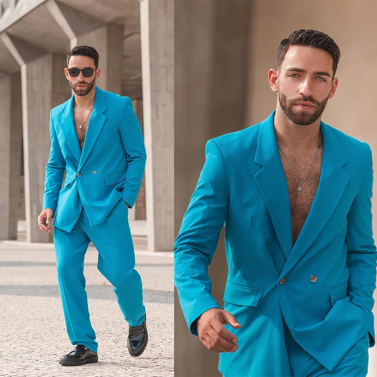 Hübsche Blau Hochzeit Smoking Zweireiher Herren Hosen Anzüge Männer Prom Party Formale Outfit (Jacke + Hosen)