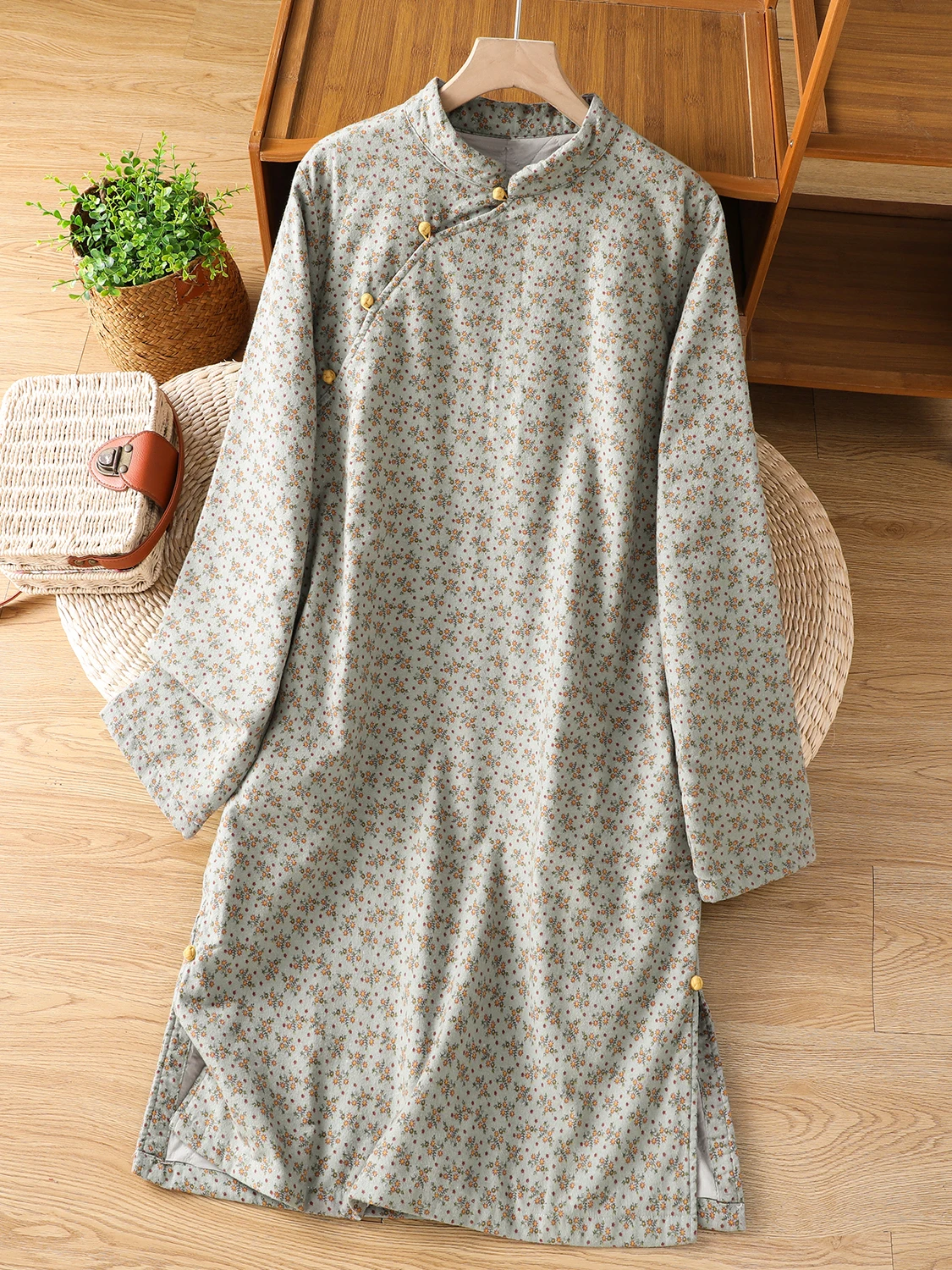 

Korean Japanese Brand Cotton Tea Costume Women's Mid-Length Modified Flag Robe Buttoned Zen Tea Clothing Casual Loose Fit