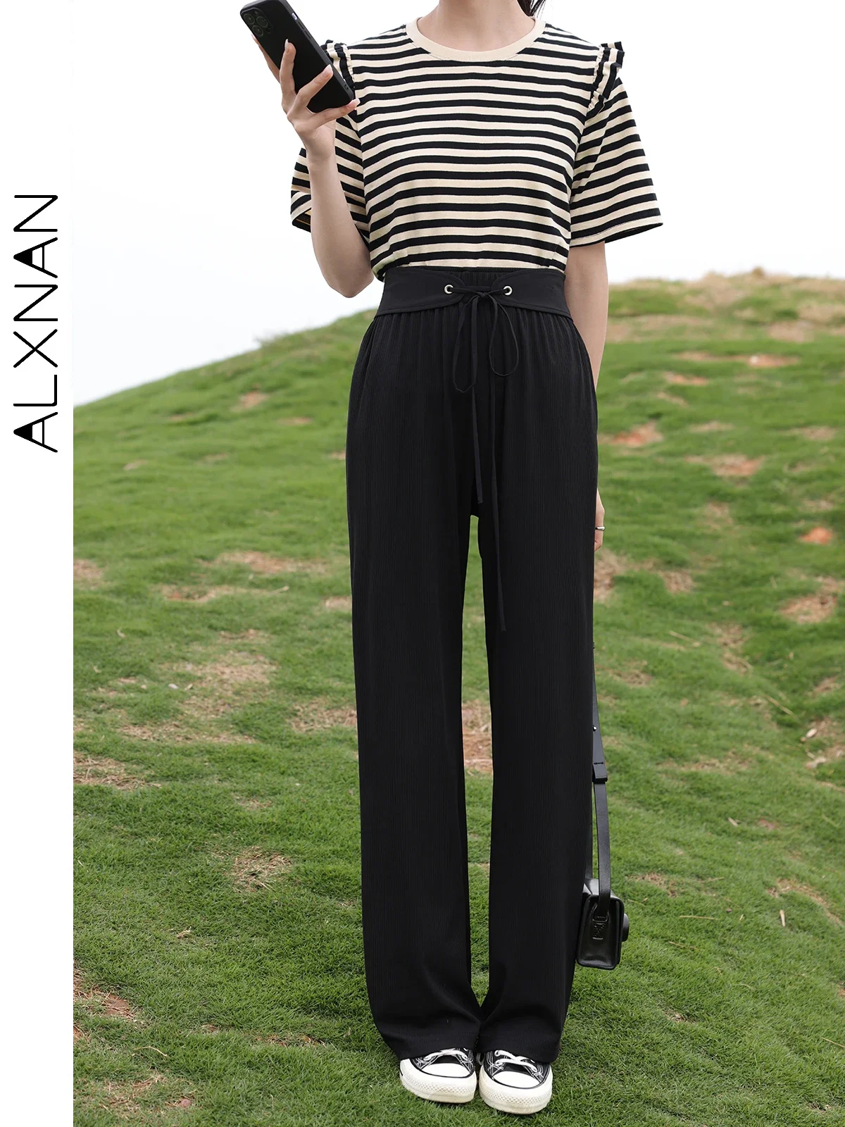 ALXNAN High Waist Casual Knitted Pant for Woman 2024 Summer Baggy Straight Pants Commuter Full Length Female Trousers LXN25338