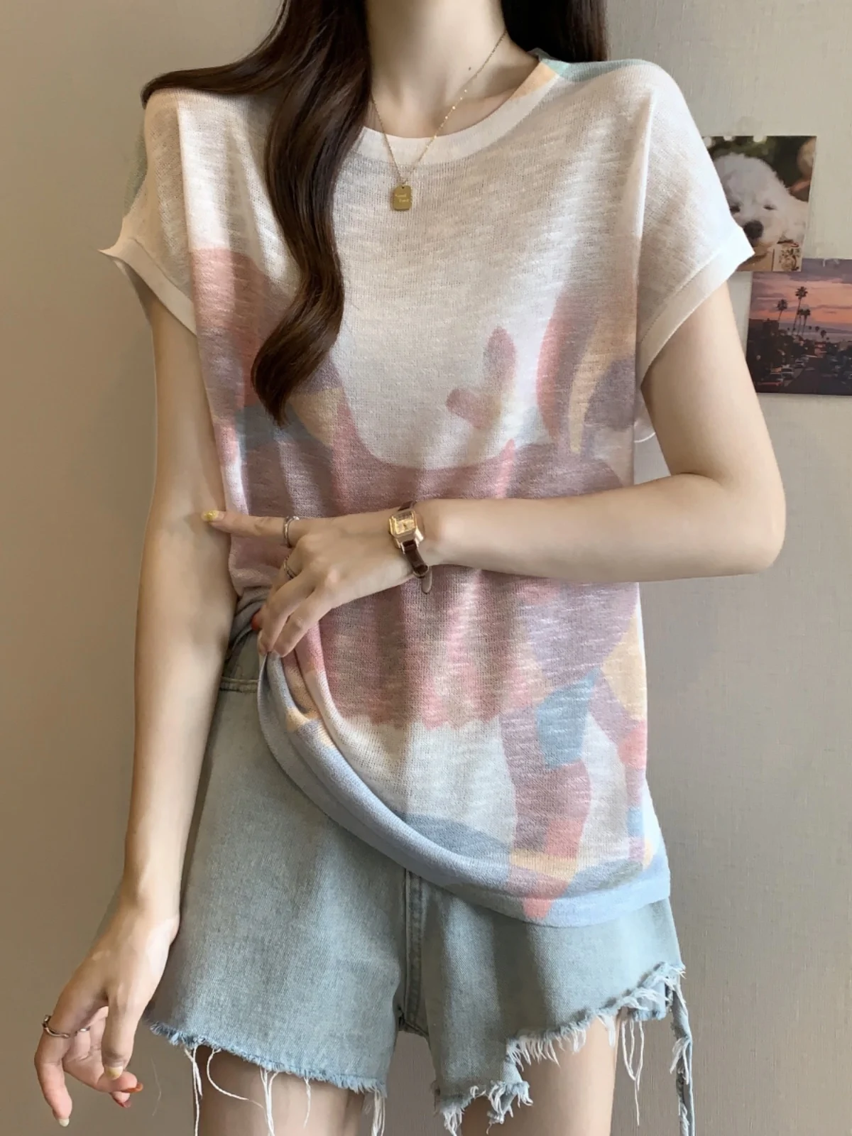 plus Size Women's Summer Slimming Ice Silk T-Shirt Shoulder Length Short Sleeve Belly Covering Dyed Tie Dye Top Korean Style