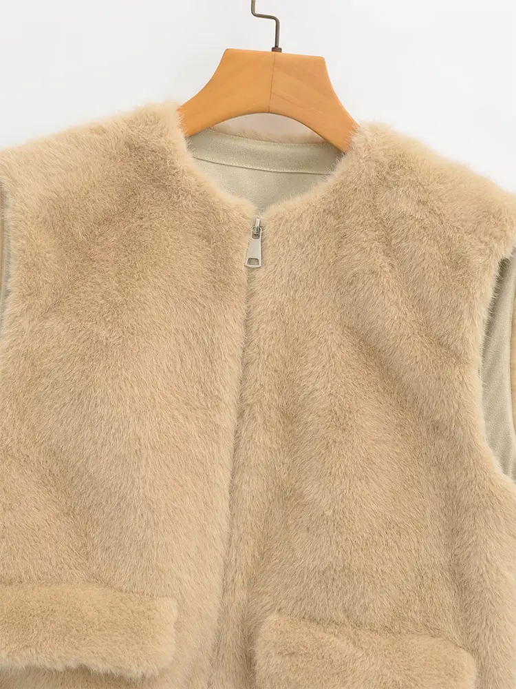 Nlzgmsj 秋冬フェイクファーベスト女性の新ファッションジッパーファーベストコート女性ノースリーブレジャー暖かいアウター
