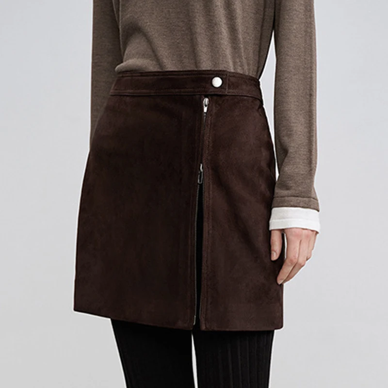 New Genuine Suede Mini Skirt for Women Autumn Fashion Simple Two-Way Zipper Borwn Versatile A-Line Short Wrap Skirt Faldas Mujer