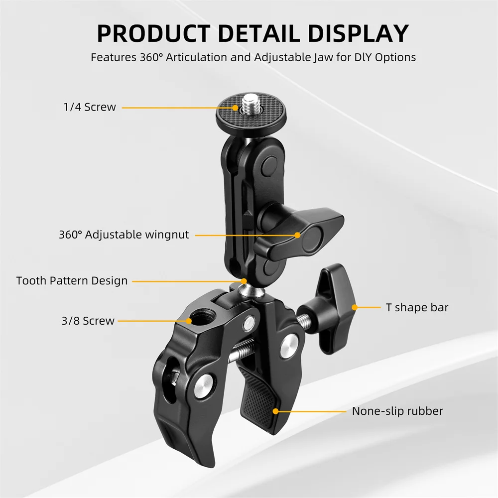 Super Clamp Camera Clamp Mount Monitor 360° Ballhead Magic Arm Adapter with1/4"-20 3/8" for Canon Nikon DSLR Camera/Gopro/Lights