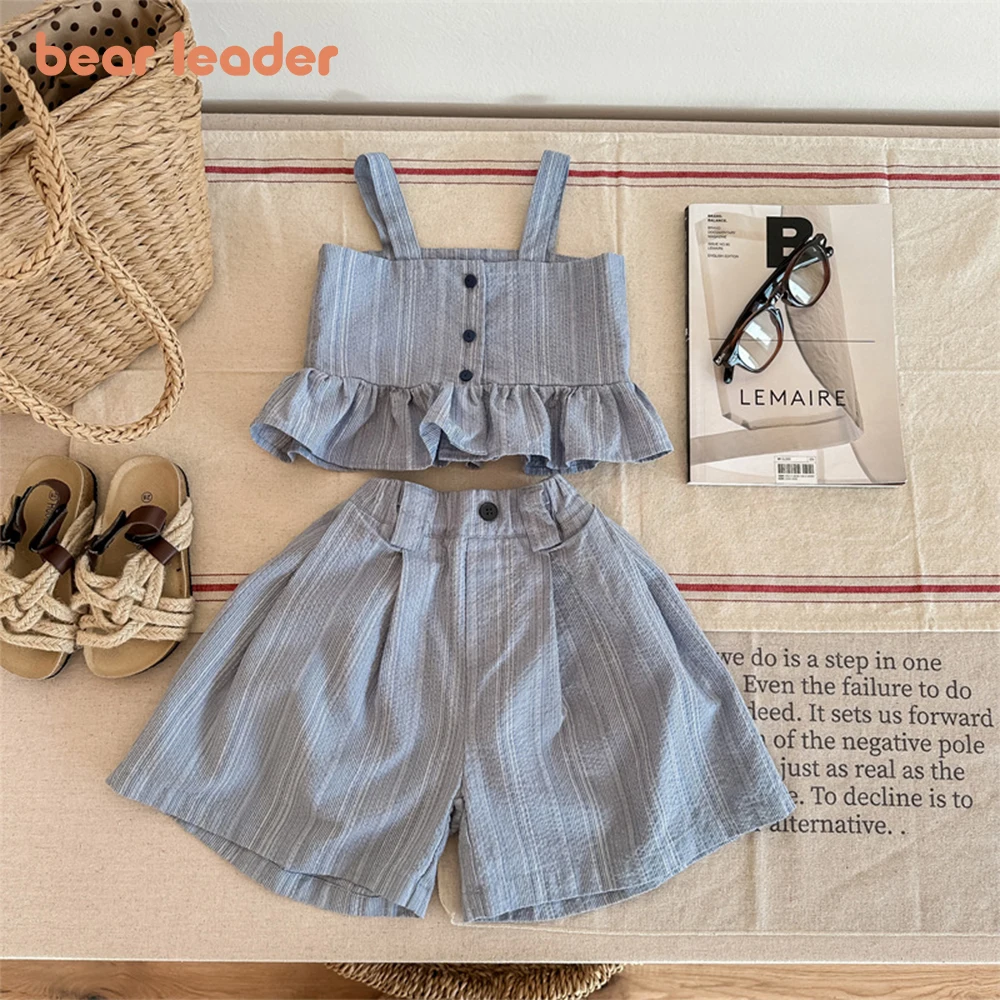 Bear Leader Girls Clothes 2023 Summer New Girls' Casual Ruffle Vertical Stripe Tank Top+Shorts Set Girls' Cute Set Kids Clothes