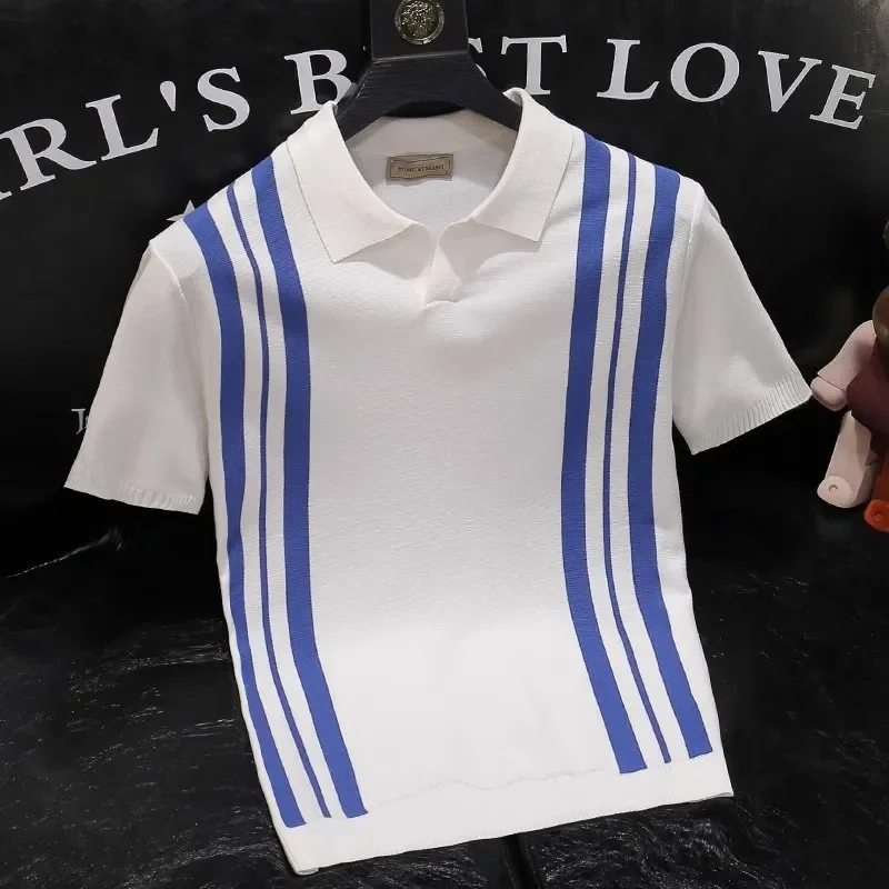 Pop Summer New Fashion Striped Polo Shirts Casual Trendy Short Sleeve Business Turn-down Collar T-shirts Male Slim Clothes Tops