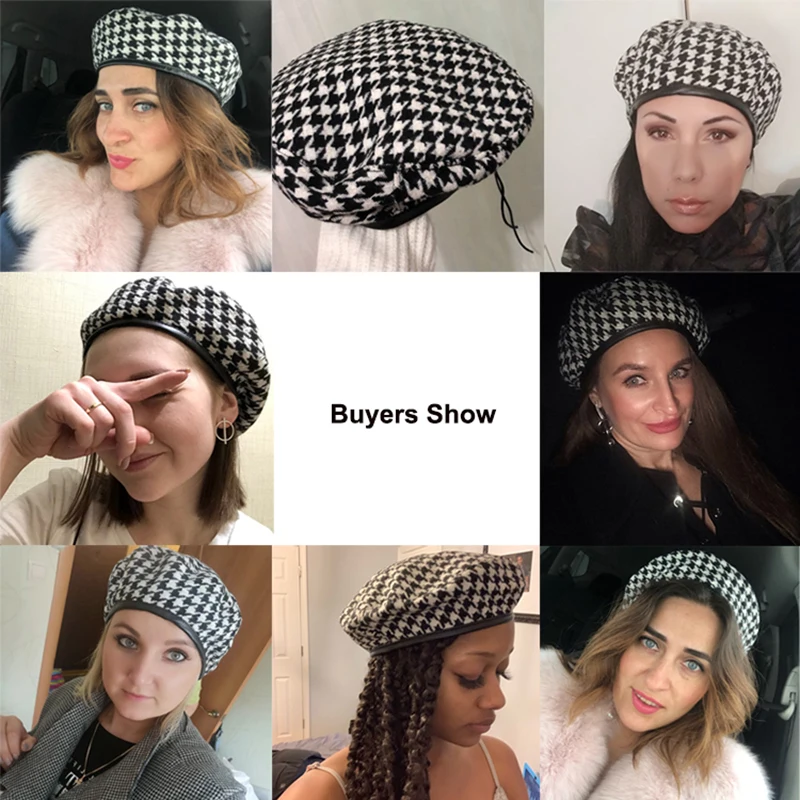 Black and White Plaid Beret  Women French Berets Fashion Caps Female Houndstooth Berets Girls Beanie Hat With Adjustable Rope