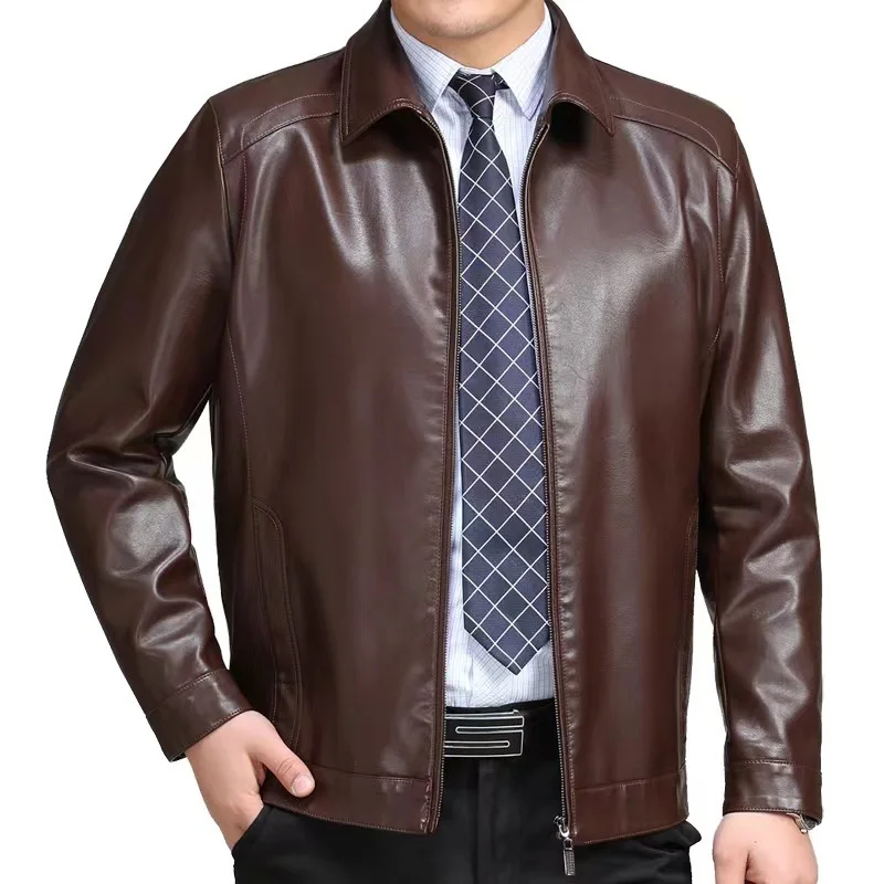 Autumn Winter PU Leather Jacket for Men Middle-aged Men's Fleece-lined Thickened Warm Coat Casual Turn-down Collar Dad's Clothin