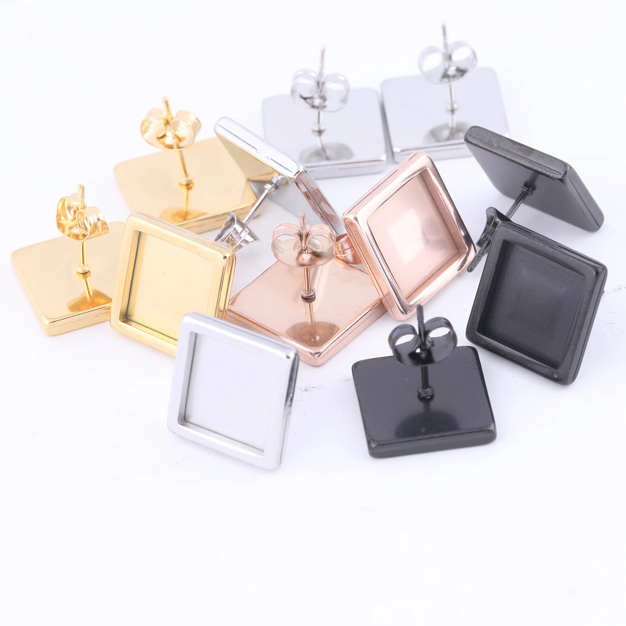 

10pcs 10mm Square Cabochon Earring Stud Base Blanks Stainless Steel Rose Gold Black Earrings Bezels For Jewelry Making Supplies