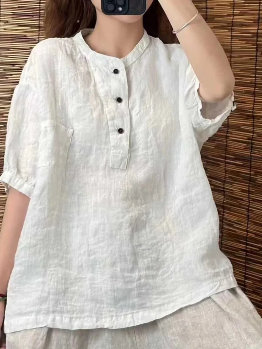 Summer 2026 New round Neck Linen Shirt Loose Casual Thin Cotton Linen Blouse Women\'s Commute Style Short Sleeve Pure Color