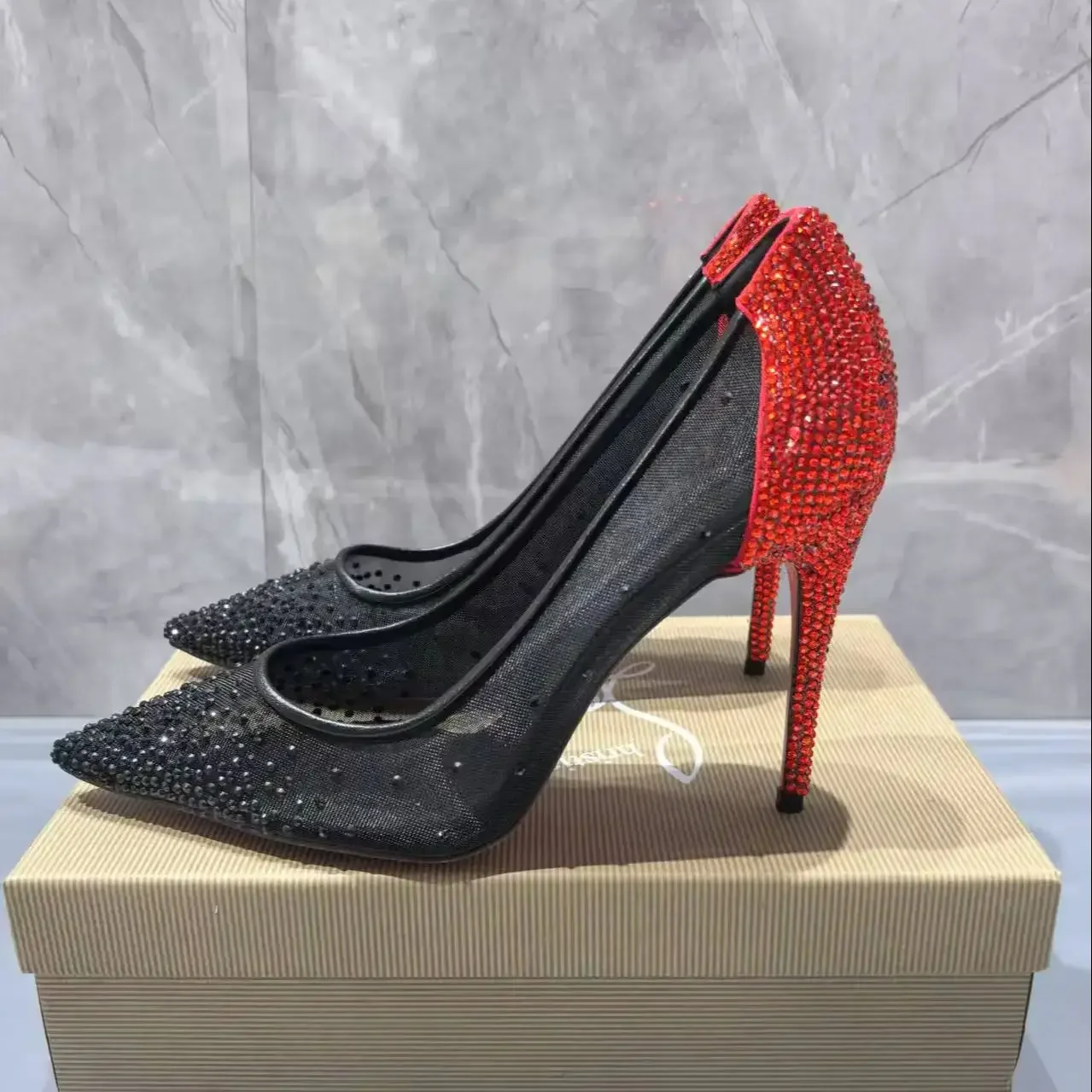 

High Heels Summer Mature Black Mesh New Designer Style Women's Pumps Back Red Rhinestones Pointed Toe Party Wedding Shoes Female